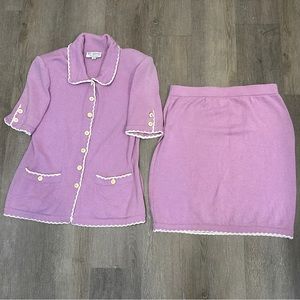Vintage St John by Marie Gray Knit Skirt & Cardigan 2 Piece Set Lavender Purple
